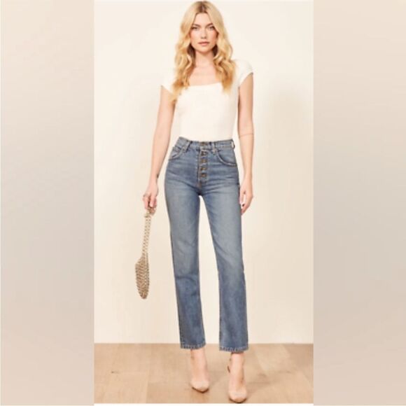 Reformation Cynthia button fly high rise straight jeans in zenia wash - Picture 1 of 10